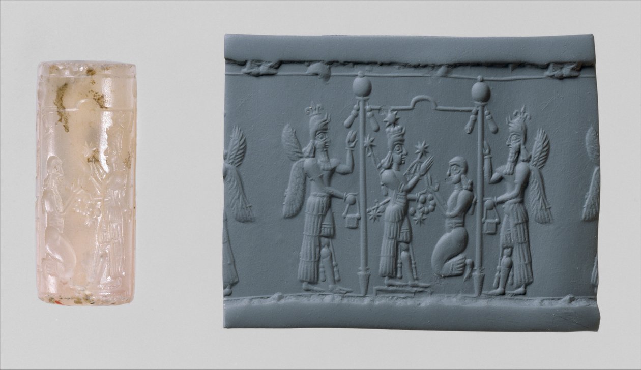 Selo cilíndrico de Ishtar e impressão moderna, c. Século 8-7 AC (calcedônia) de Neo Assyrian Neo Assyrian