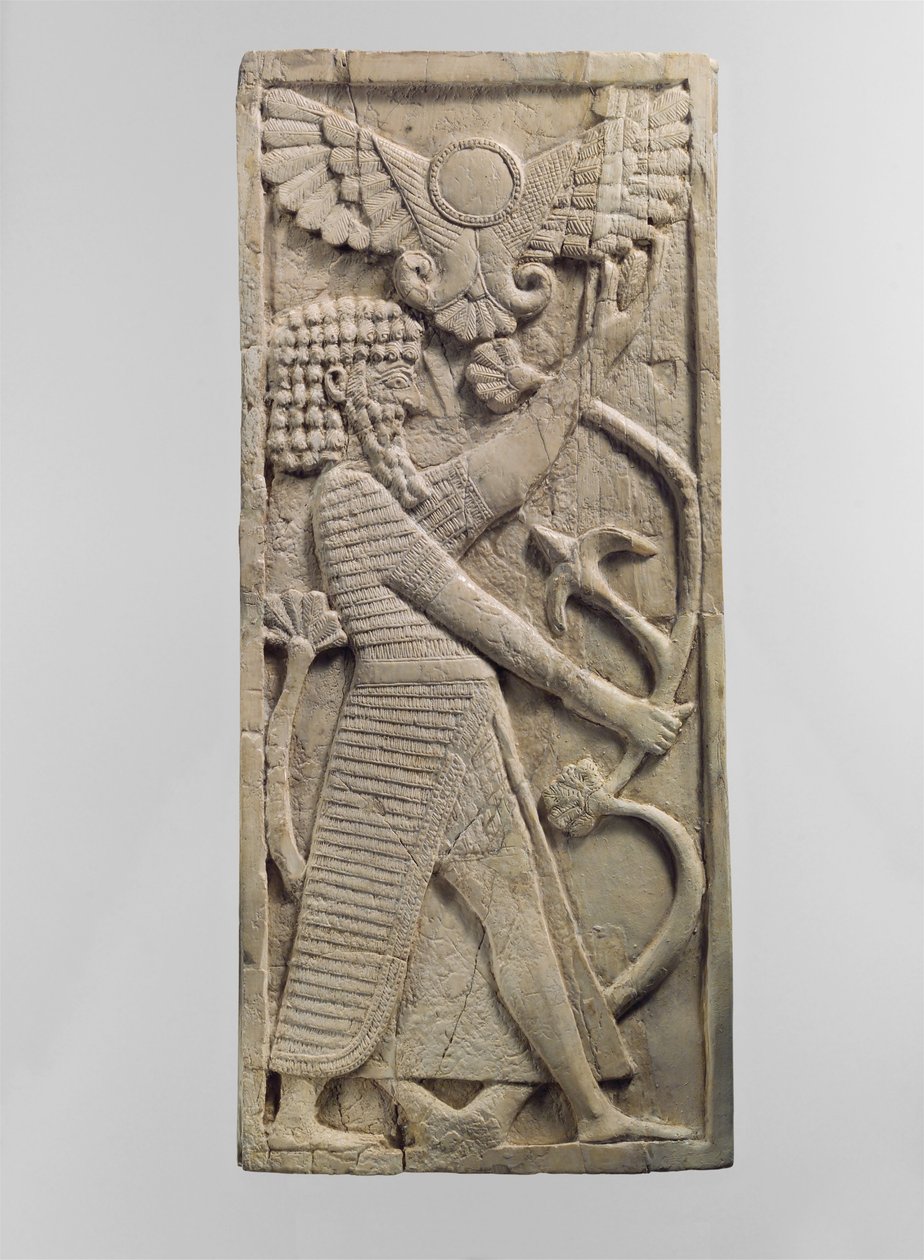 Placa de móveis esculpida em relevo com uma figura masculina segurando uma árvore, c. 8º século AC (marfim) de Neo Assyrian Neo Assyrian