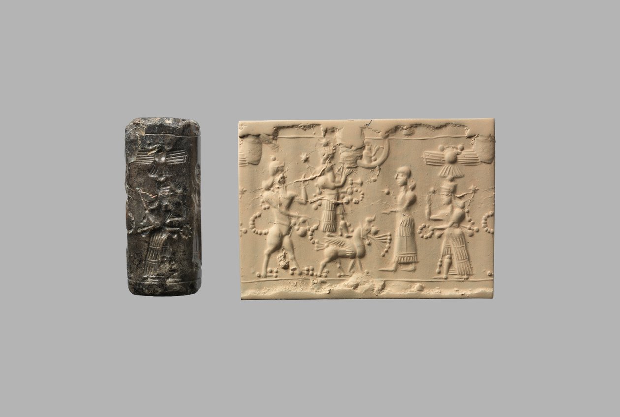 Selo cilíndrico com escorpião-homem e impressão moderna, c.8-7º século AC (quartzo, cripto-cristalino) de Neo Assyrian