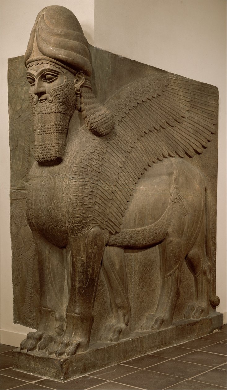 Leão alado com cabeça humana (lamassu), c.883-859 aC (gipsita alabastro) de Neo Assyrian