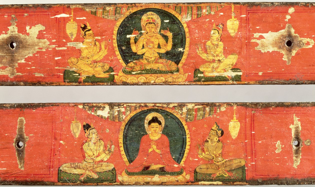 Bodhisattva sentado (Prajnaparamita) (topo) e Buda rodeado por um detalhe de mandorla (abaixo) das capas do Sutra, c.1100 (madeira policromada) (detalhe de 114238) de Nepalese School