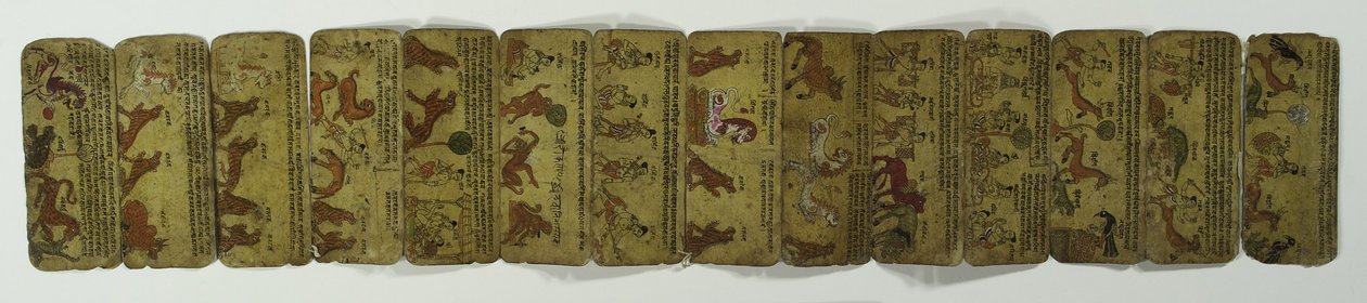 Um manuscrito concertina, várias imagens de animais (wc opaco no papel) de Nepalese School