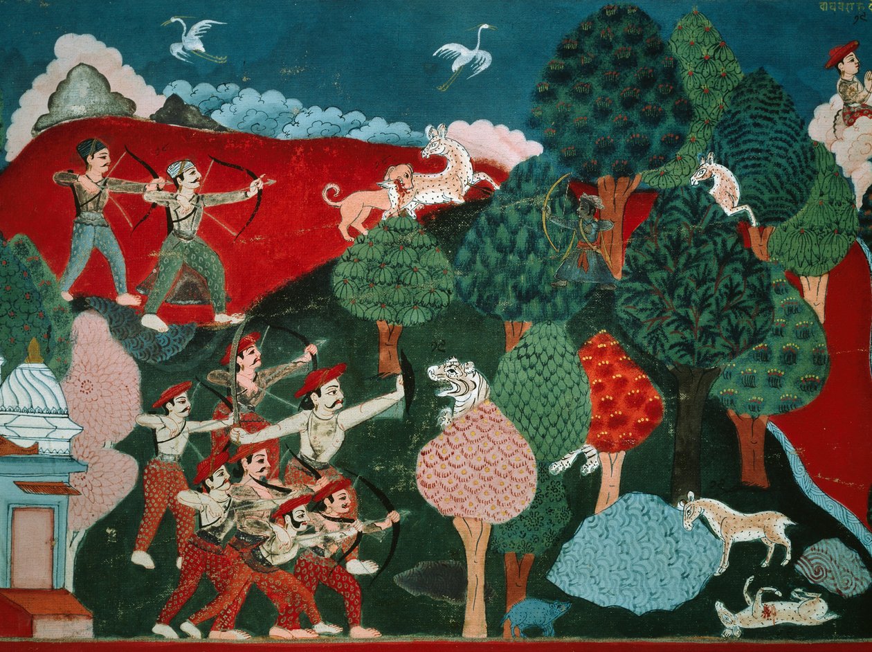 Um rei que passa os seus dias a matar gazelas pobres sem razão, mais tarde, noutra vida, é gazela e é morto por caçador, detalhe de Swayambhu Purana, importante texto sagrado budista no Nepal, gouache, Civilização Nepalesa de Nepalese School