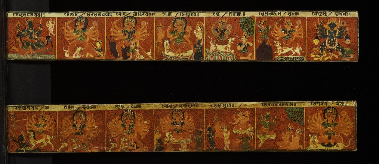 Um par de capas de manuscrito Devimahatmya (wc opaca na madeira) de Nepalese School