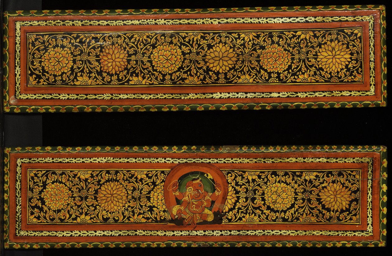 Capas de livro de um manuscrito de Shaiva (wc opaca na madeira) de Nepalese School