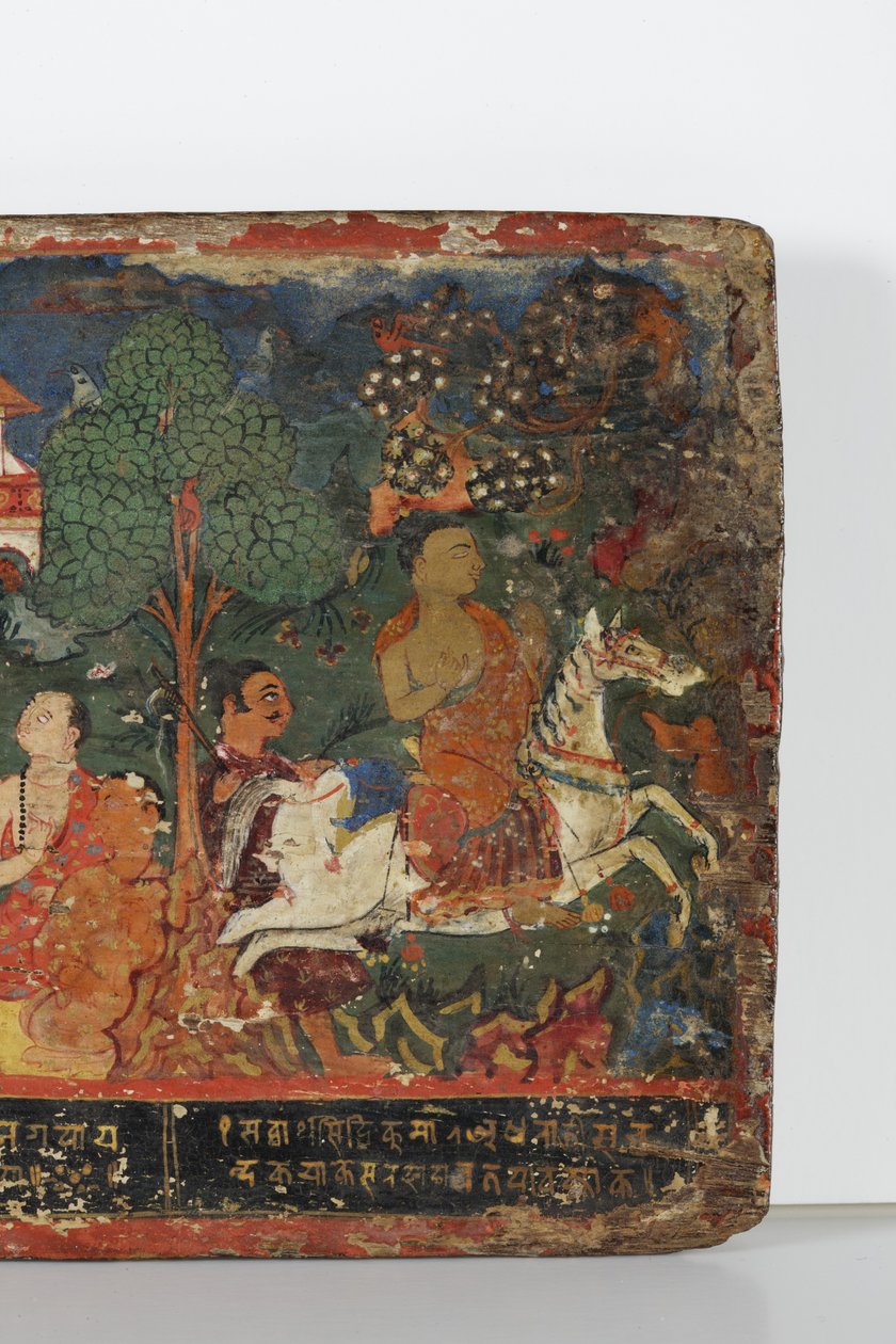 Detalhe de uma capa de manuscrito budista (aquarela opaca sobre madeira) de Nepalese School