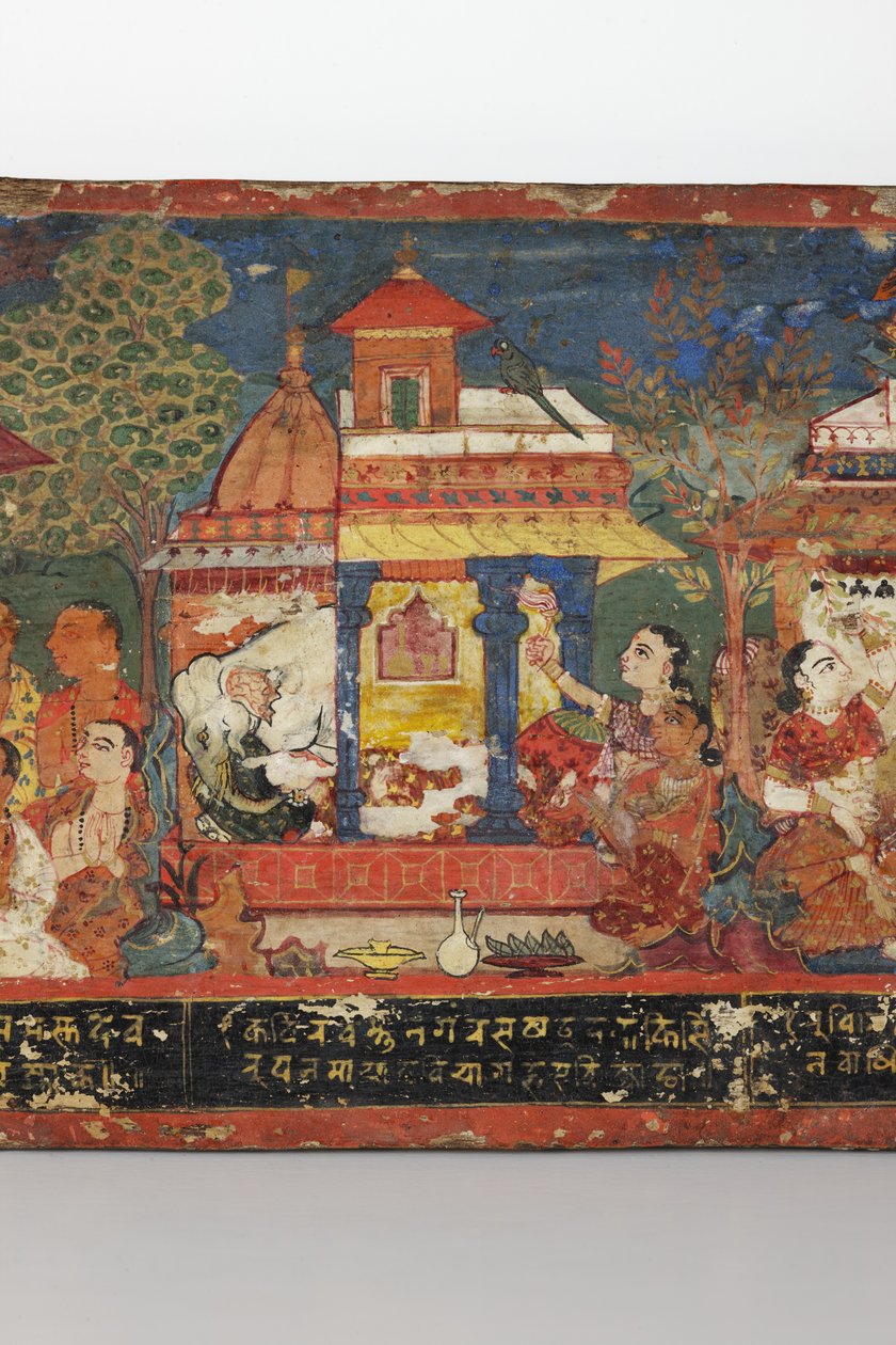 Detalhe de uma capa de manuscrito budista (wc opaca em madeira) de Nepalese School