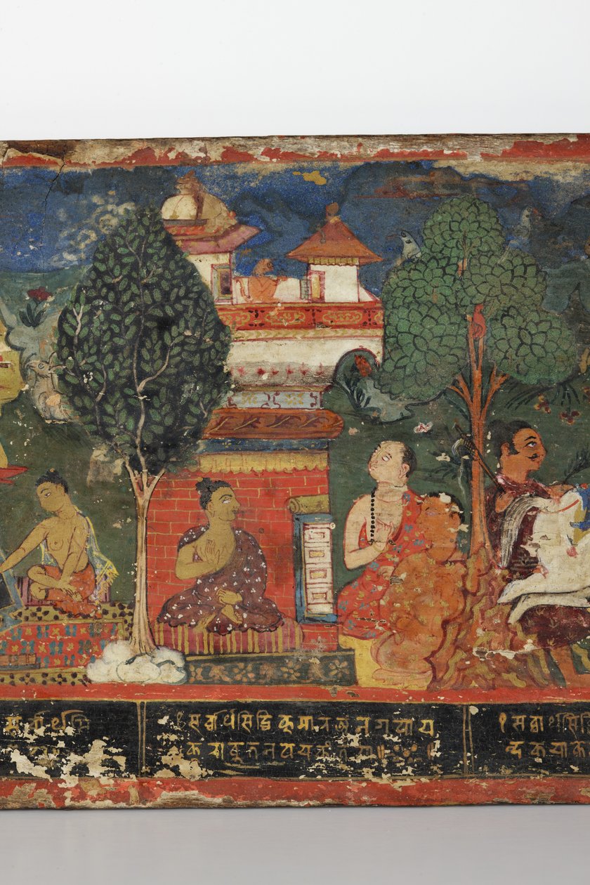 Detalhe de uma capa de manuscrito budista (wc opaca em madeira) de Nepalese School