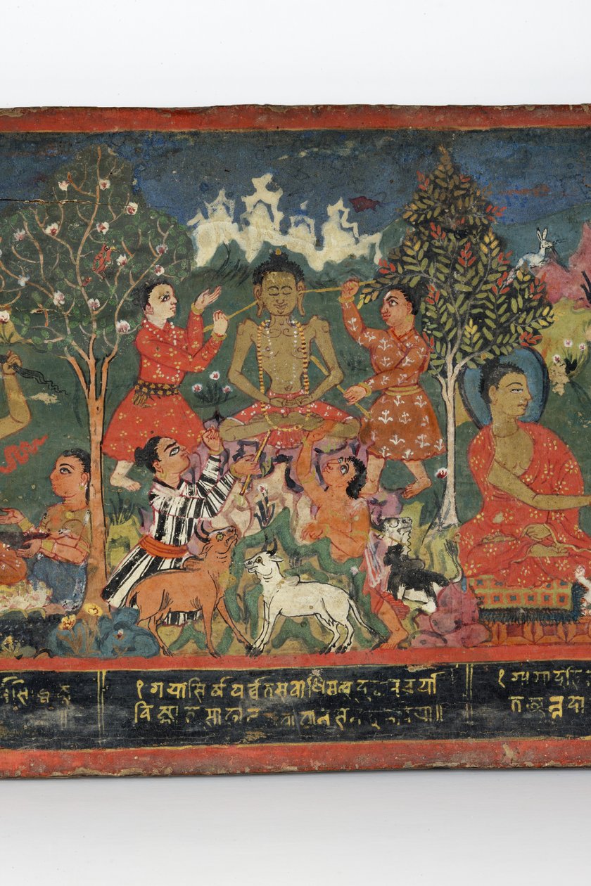 Detalhe de uma capa de manuscrito budista (wc opaca em madeira) de Nepalese School