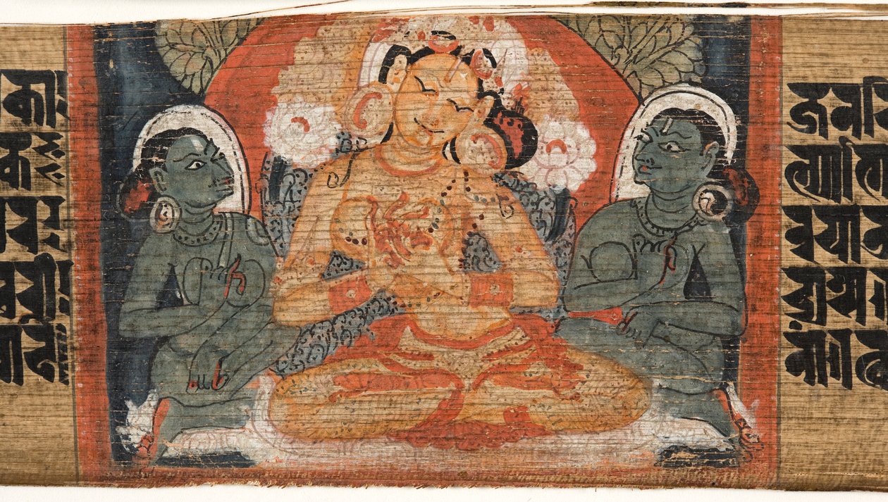 Folio 2r Deusa Prajnaparamita, do Astasahasrika Prajnaparamita (tinta e cores de folhas de palmeira e madeira) (detalhe de 430760) de Nepalese School