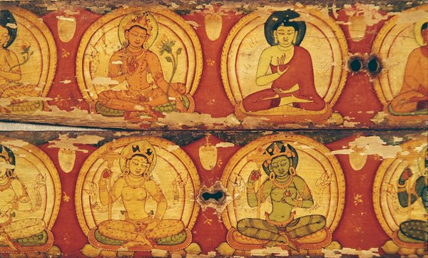 Quatro divindades (tinta e cor na madeira) de Nepalese School