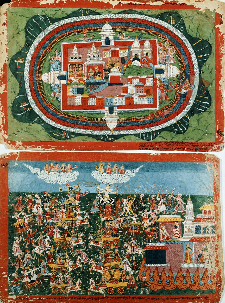 Krishna atacando o castelo inexpugnável de Prag-jyoshita, para recuperar os brincos de Aditi, c. 1775 de Nepalese School