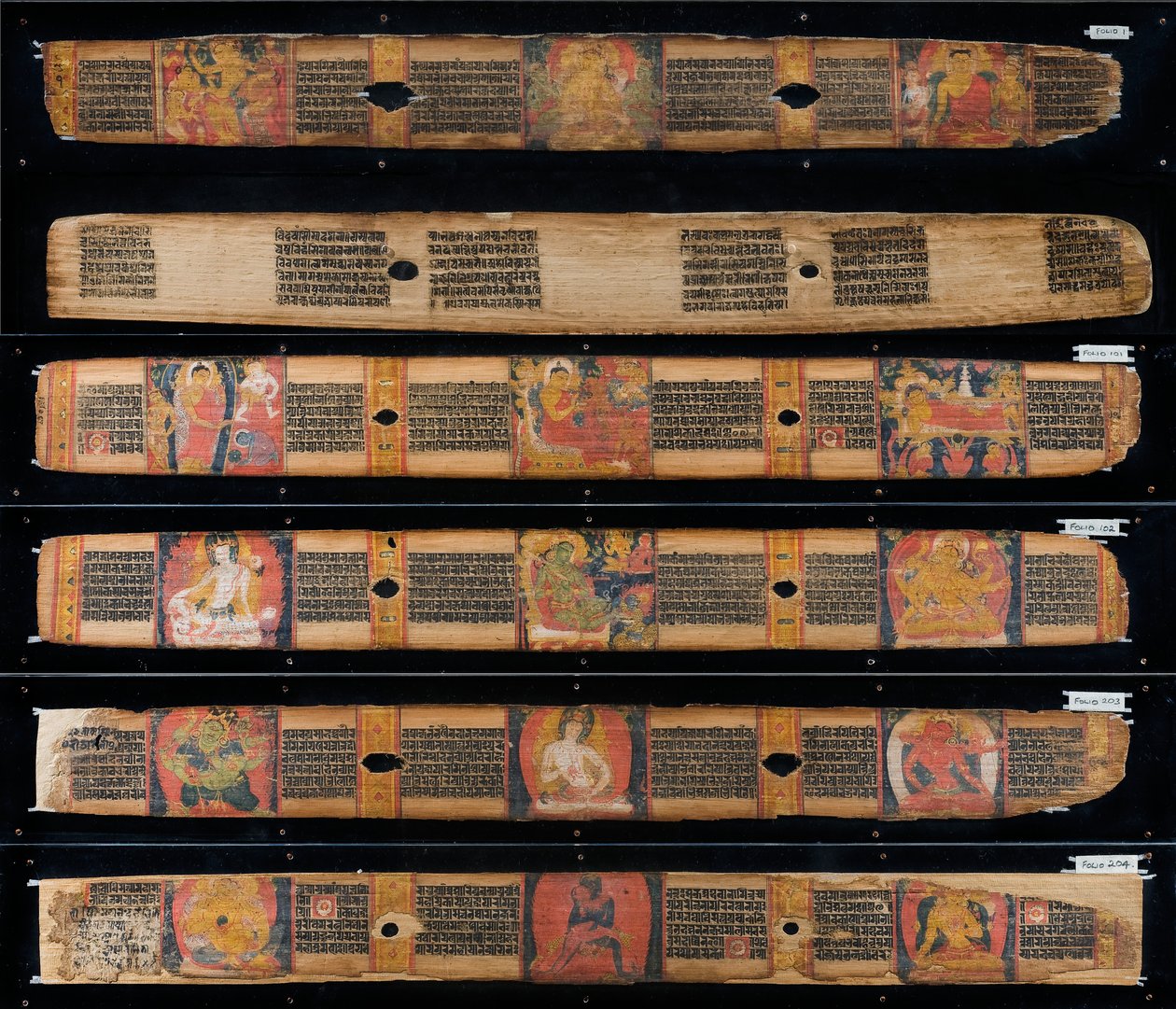 Folhas de manuscrito (tinta e cores nas folhas de palmeira) de Nepalese School