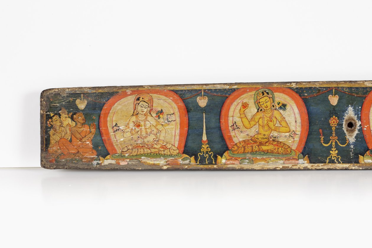 Manuscrito de The Five Protections, contracapa, 1138 (wc e tinta opaca sobre madeira) de Nepalese School