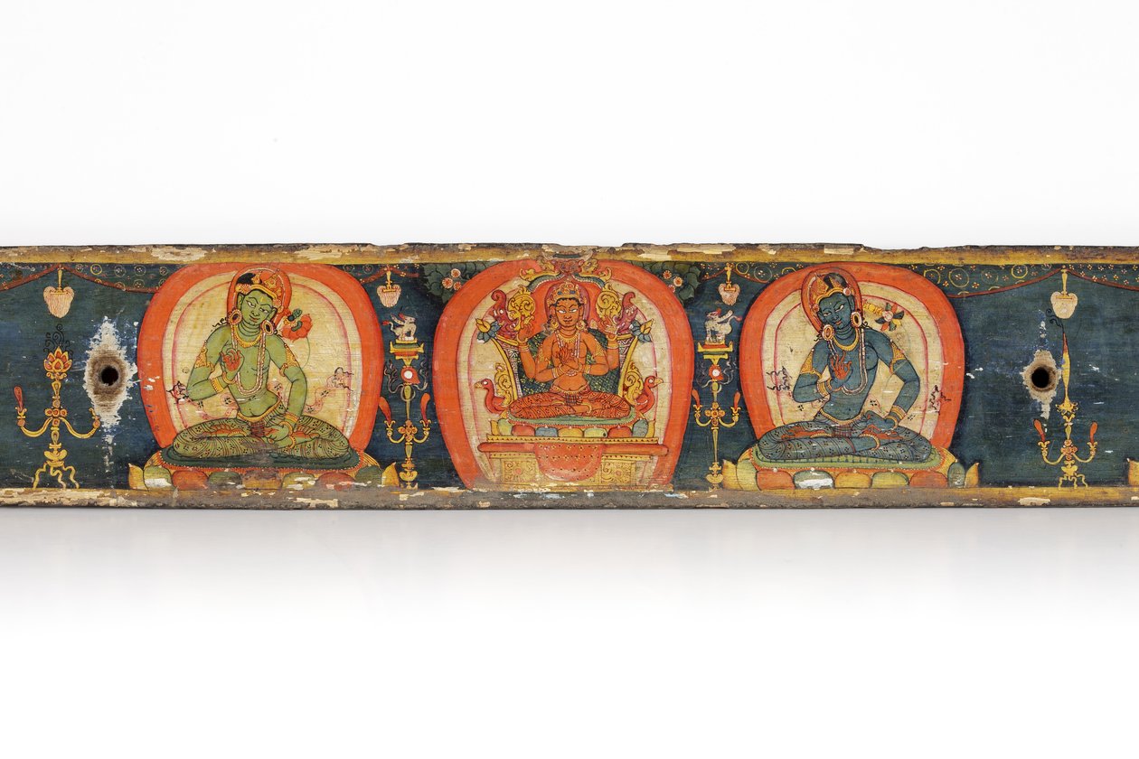 Manuscrito de The Five Protections, contracapa, 1138 (wc e tinta opaca sobre madeira) de Nepalese School