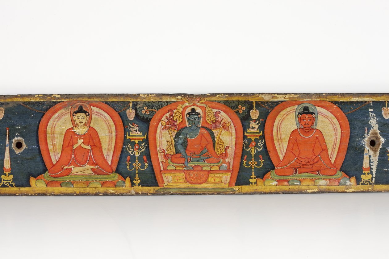 Manuscrito de The Five Protections, capa, 1138 (wc e tinta opaca sobre madeira) de Nepalese School