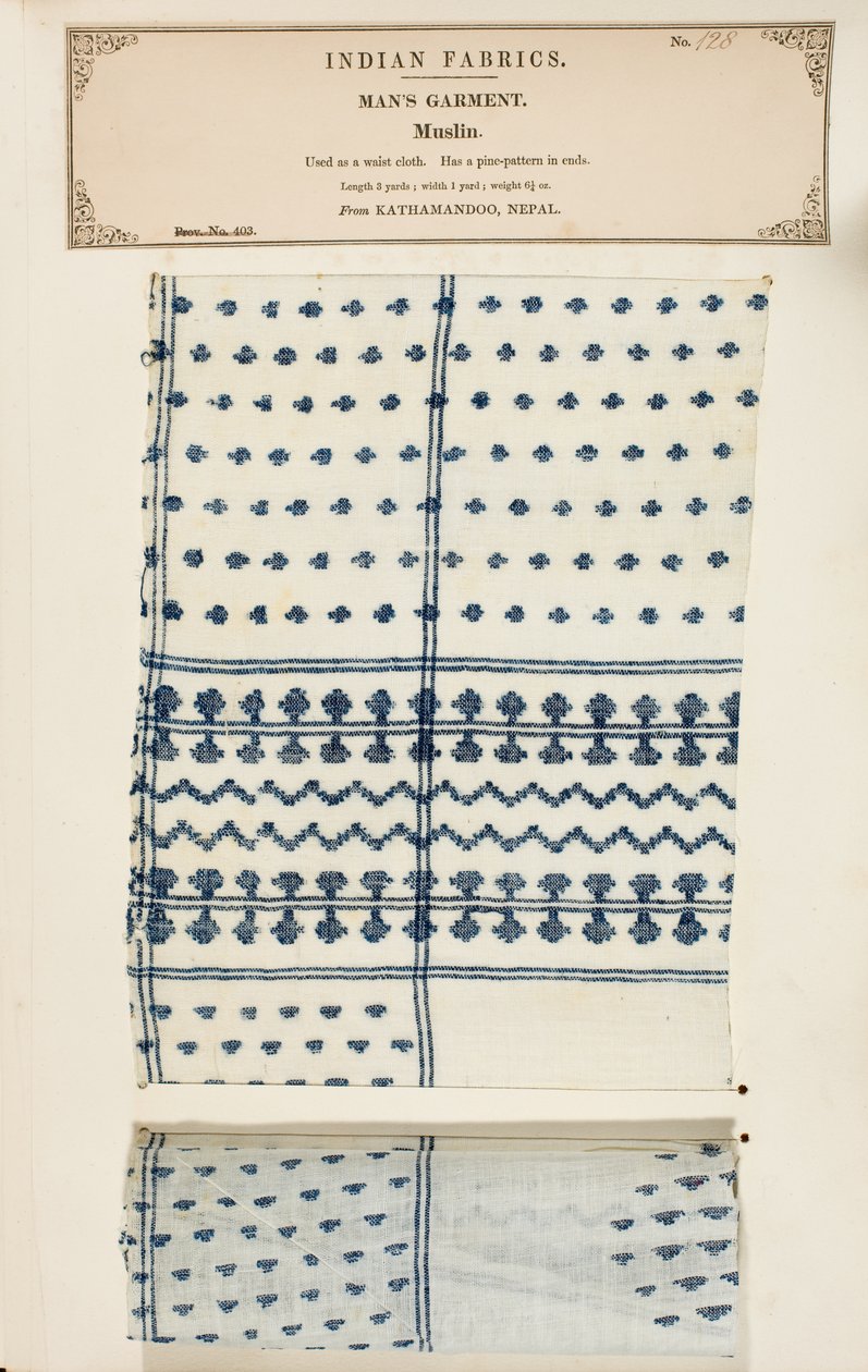 Amostra de musselina de Kathamandoo no Nepal, da Coleção dos Fabricantes Têxteis da Índia, de John Forbes Watson, publicada em 1866 de Nepalese School