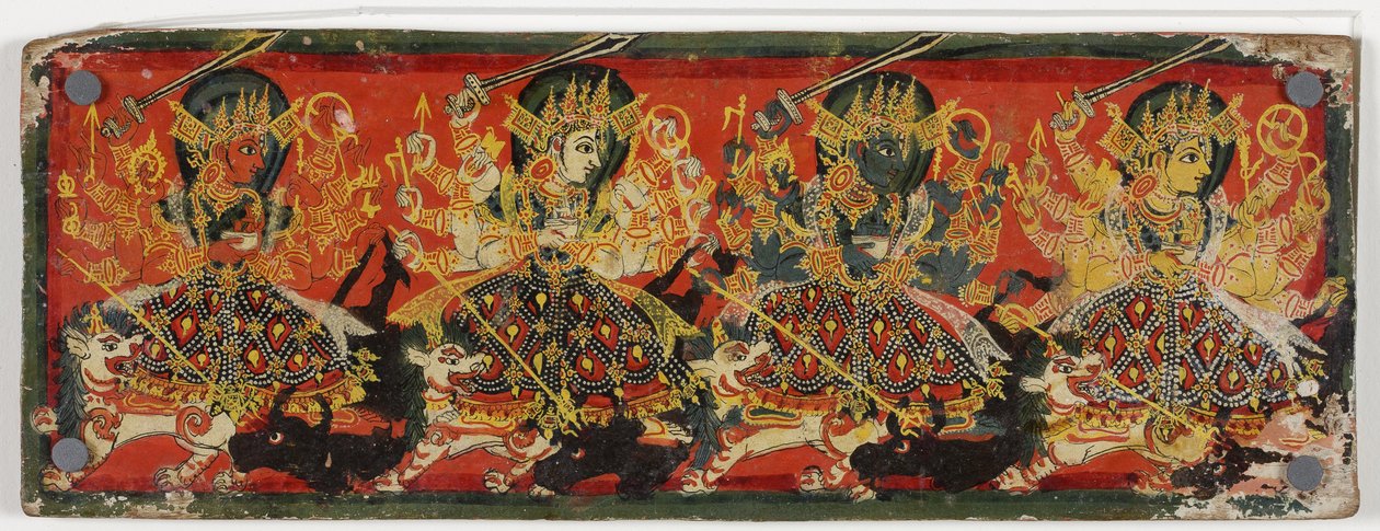 Um de um par de capas manuscritas representando Devi como as Oito Mães (wc on wood) de Nepalese School