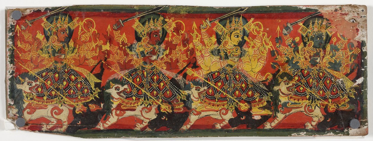Um de um par de capas manuscritas representando Devi como as Oito Mães (wc on wood) de Nepalese School