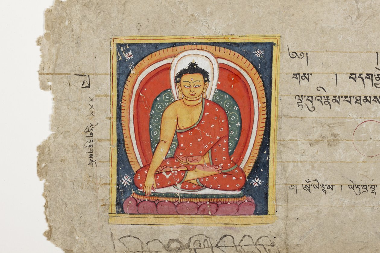 Página de um manuscrito budista, possivelmente do Mahashitalanika, c.1400 (aquarela opaca e tinta sobre papel) de Nepalese School