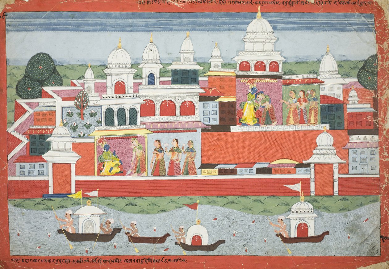 Rukmini busca a permissão de Krishna para visitar seu irmão Rukma, página de um manuscrito do Bhagavata Purana, c.1775 de Nepalese School