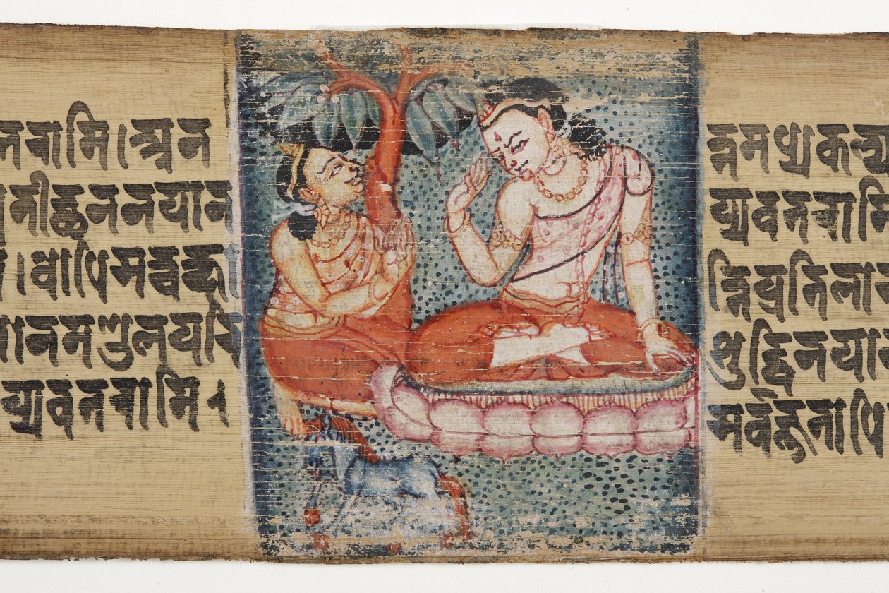 Sudhana ajoelhado diante de um bodhisattva, do Gandavyuha (wc & tinta opaca na folha de palmeira) de Nepalese School