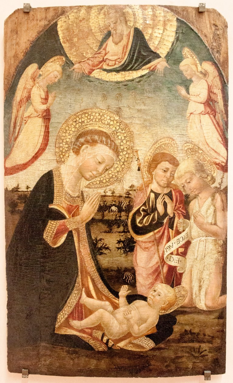 Adoração do Menino com a Virgem, São João Batista, São Tiago Maior, Anjos e Deus Pai de Neri di Bicci