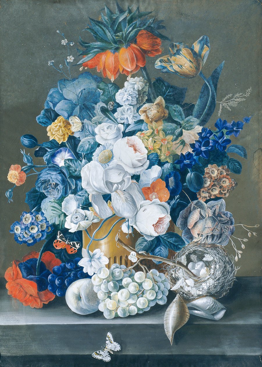 Peça floral com frutos, ninho de pássaros e borboletas de Leopold Blonder