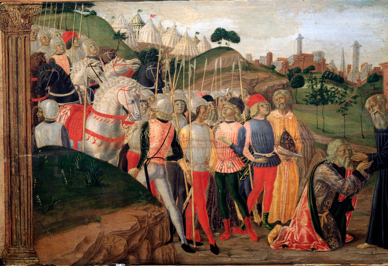 Totila, rei dos ostrogodos em visita a Bento de Nursia - Detalhe de Predelle, c. 1470 de Neroccio di  Landi