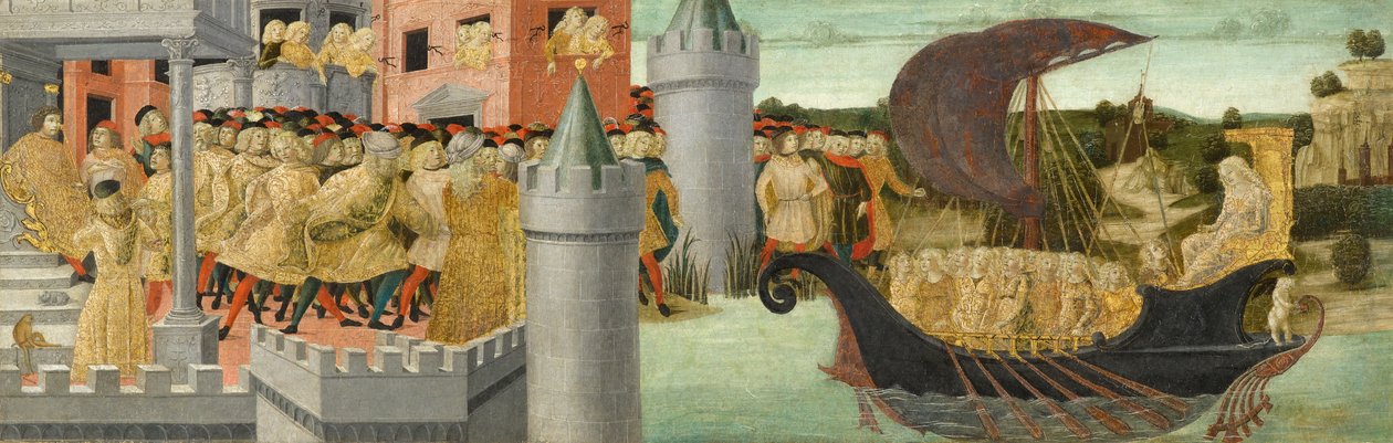 A visita de Cleópatra a Antônio, c.1475-1480 (tempera, chumbo de ouro e prata no painel) de Neroccio di Landi