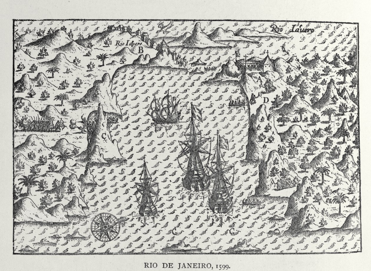 "Rio de Janeiro em 1599", de Olivier de Noort, "Descrição da viagem cansativa", Amsterdã, 1602 de Netherlandish School