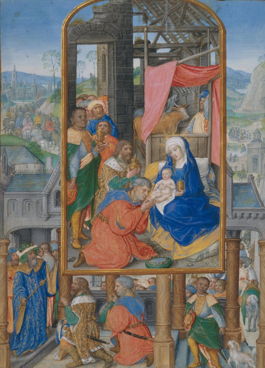 Manuscrito Iluminação com Adoração dos Magos, c.1515-25 (têmpera, tinta e ouro em pergaminho) de Netherlandish School