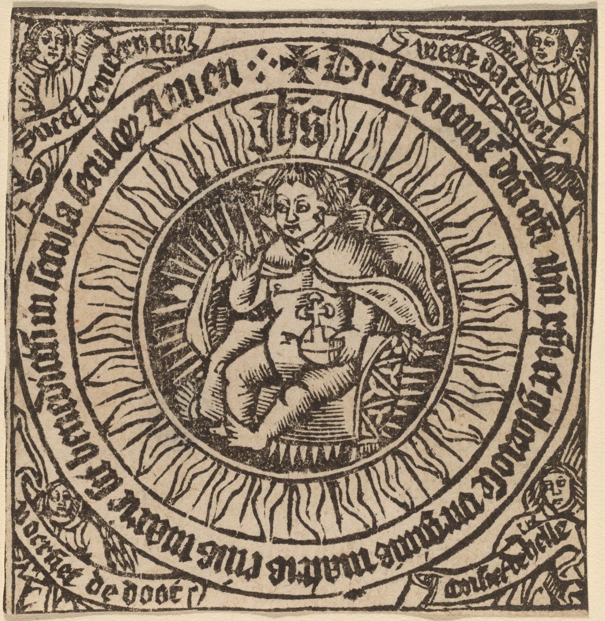 Infante Divino com o Globo em um Círculo com Quatro Anjos de Netherlandish 15th Century