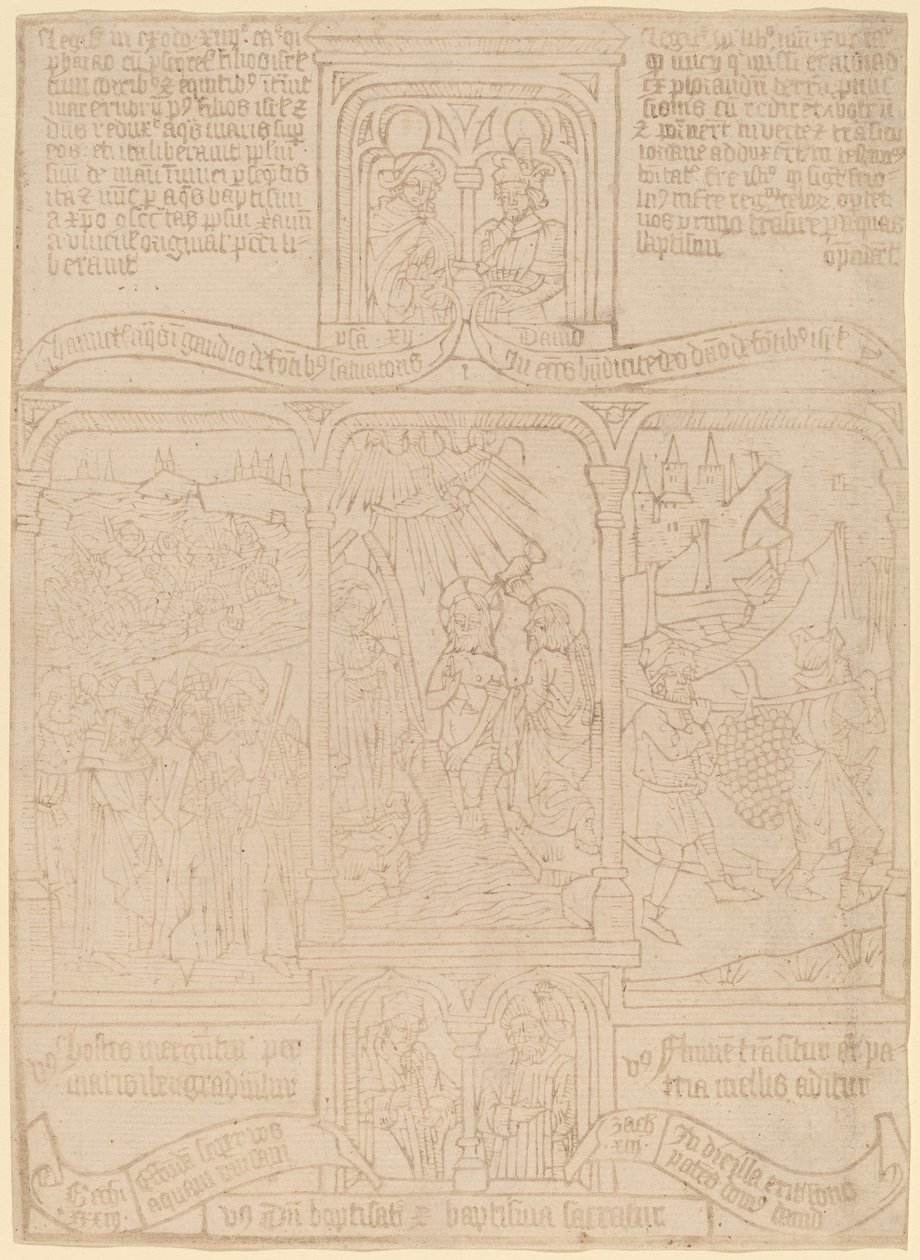 O Batismo de Cristo; Faraó passando pelo Mar Vermelho; Josué e Calebe de Netherlandish 15th Century