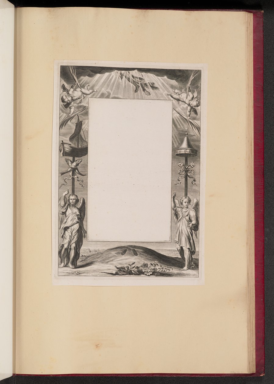 Ilustração de fronteira com a ascensão de Cristo, chaves e peixes de Netherlandish 17th Century