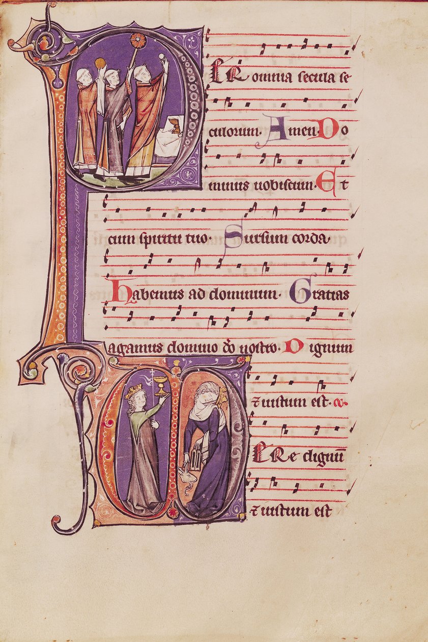 Iniciais Historiadas P representando a Elevação da Hóstia e D representando a Igreja e a Sinagoga, de um Missal da Abadia de São Pedro, o Grande de Netherlandish School