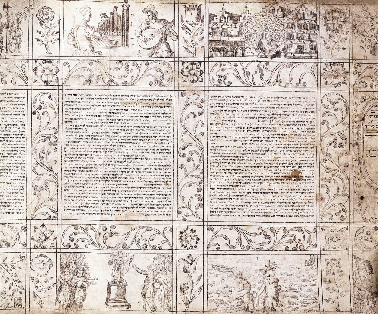Manuscrito iluminado em escrita sefardita, mostrando cenas da vida holandesa e a Bíblia com cartelas florais, século XVII de Netherlandish School