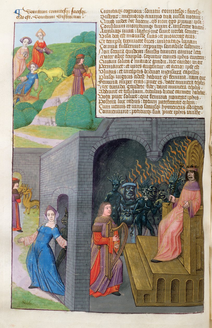 Ms 324 f.101 v. Orpheus e Eurydice, Cerberus e Pluto, de Metamorfoses 10 por Ovídio, 1479 de Netherlandish School