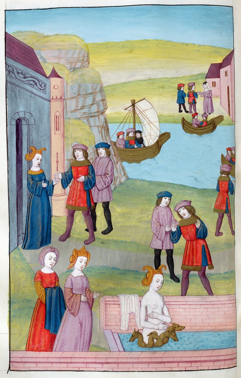 Ms 324 f.137 v. Scylla rejeita Glaucus, Circes poção de amor deforma Scylla, de Metamorfoses 14 por Ovídio, 1479 de Netherlandish School