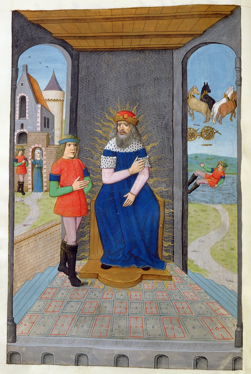 Ms 324 f.25 v. Phaeton toma emprestada uma carruagem de seu pai e é morta, de Metamorfoses 2 por Ovídio, 1479 de Netherlandish School