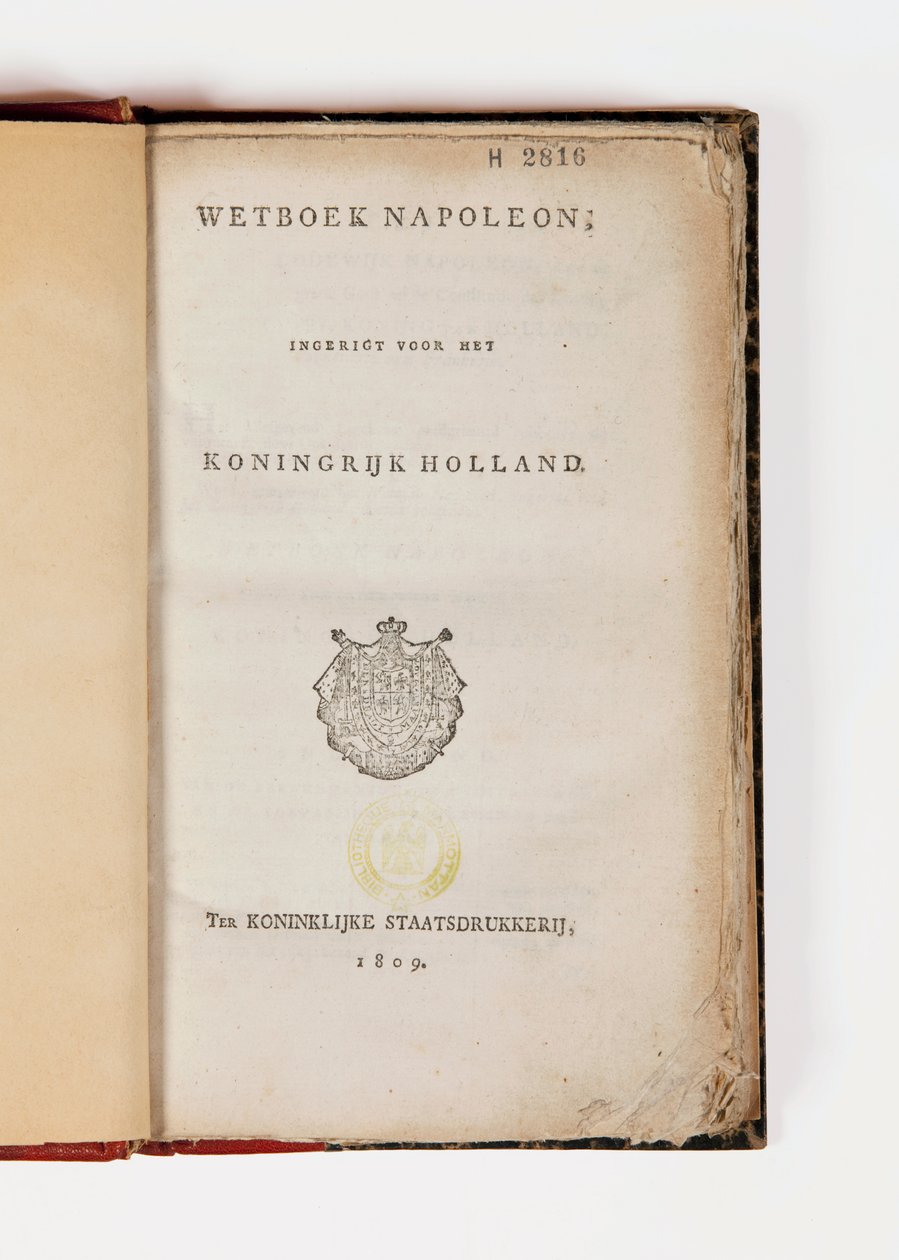 Código de Napoleão para o Reino da Holanda, aberto na página de título, publicado Koninklijke Staatsdrukkerij, 1809 (impresso) de Netherlandish School
