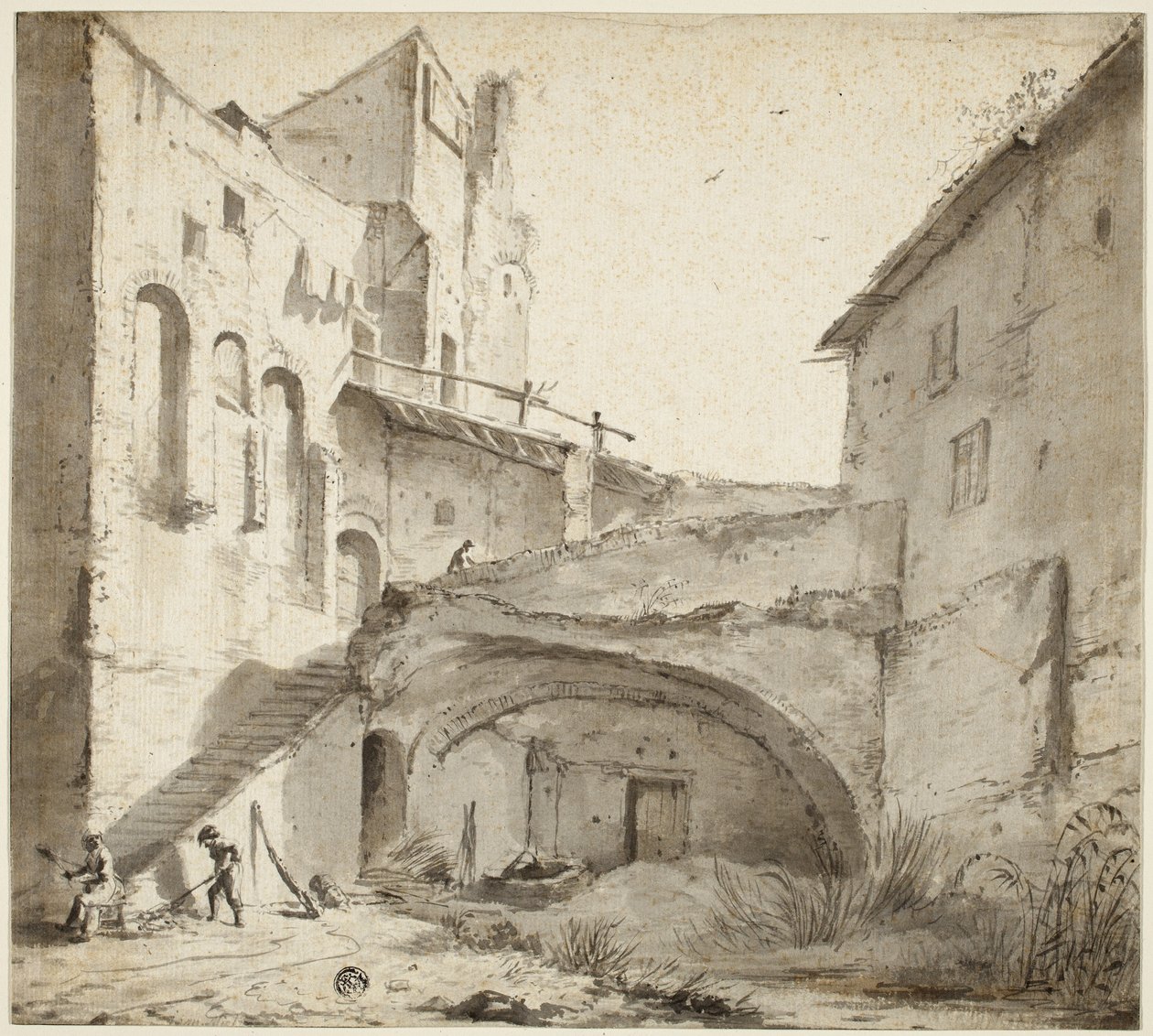 Pátio coberto de castelo em ruínas de Netherlandish School