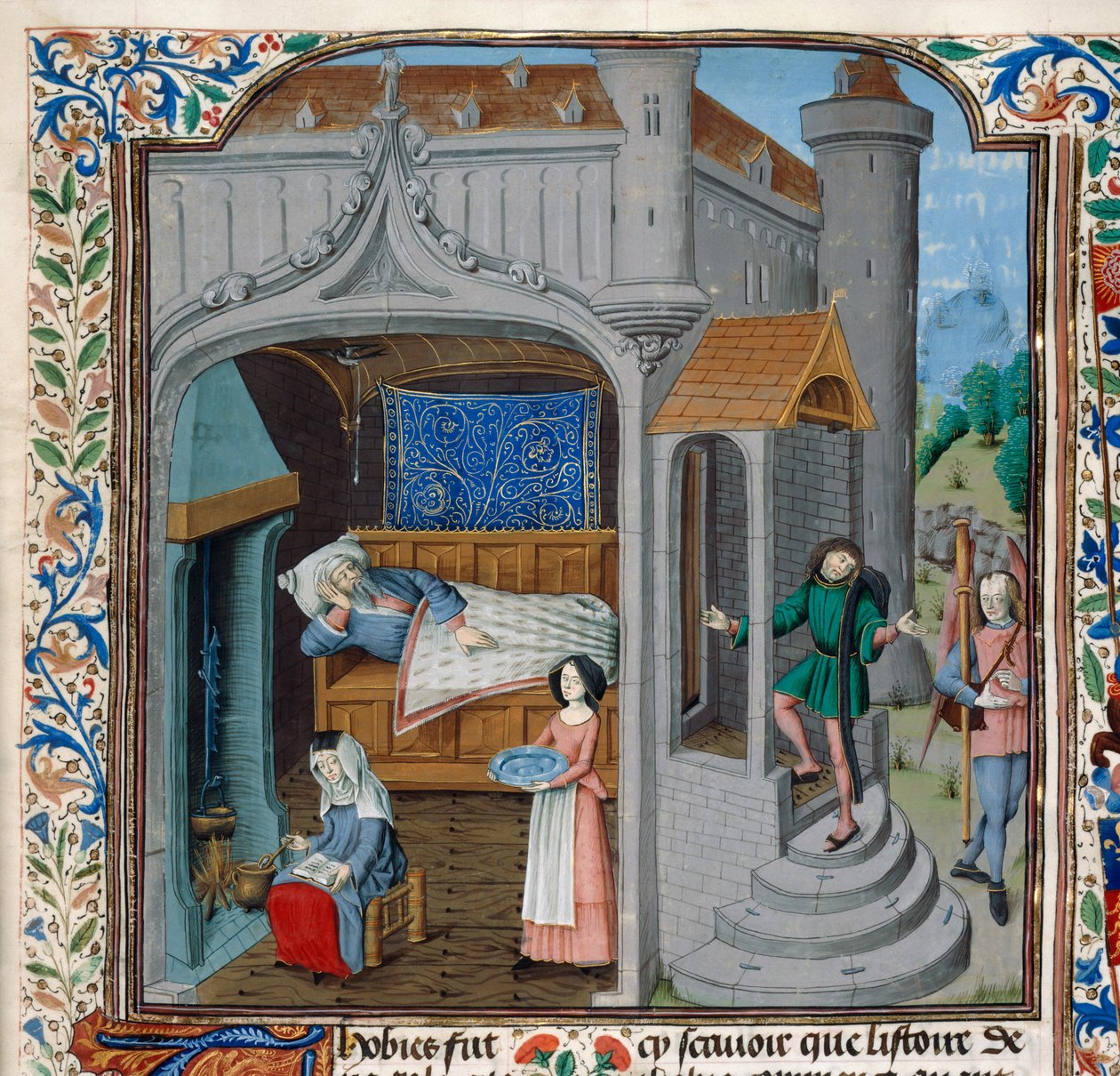 Royal 15 D,I, f.18, The blinding and cure of Tobit (vellum) de Netherlandish School