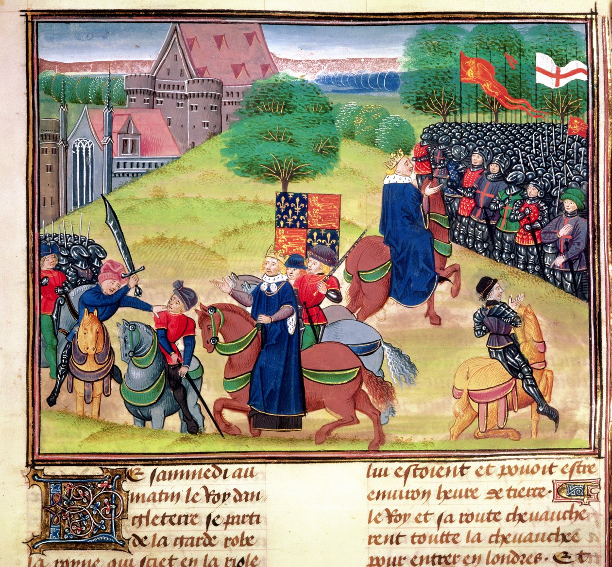 Royal 18 E.1, F.175 A morte de Wat Tyler em Smithfield, Londres, em 1381 durante a Revolta dos Camponeses, ilustração de 