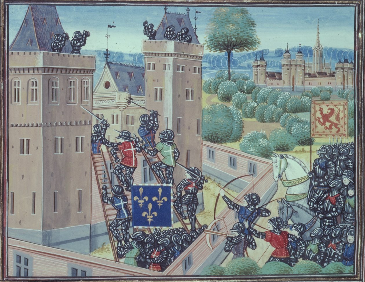 Royal 18 E.1 fol.345 A Captura do Castelo de Wark pelos Franceses e Escoceses, do Livro II de 