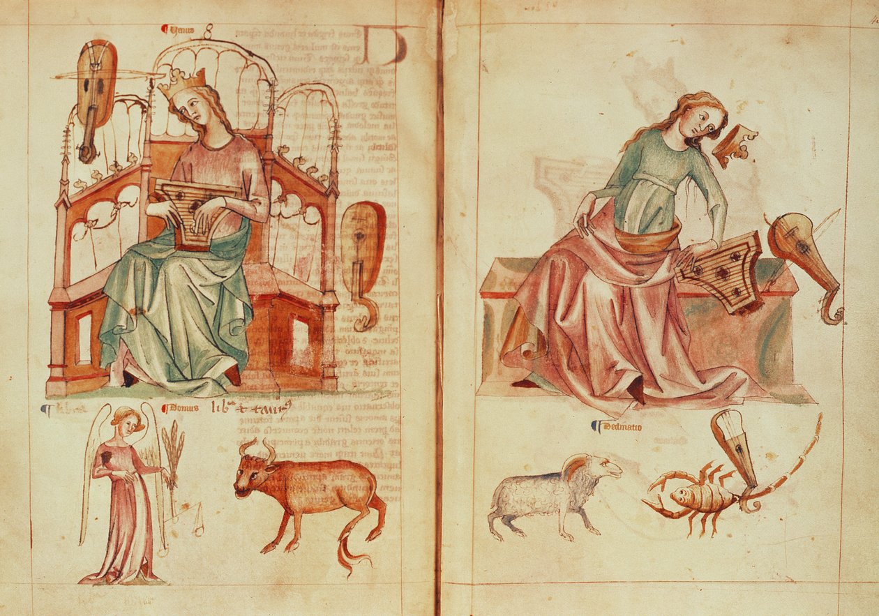 Sloane MS 3983 fol.42v-43 Vênus tocando um instrumento com seus signos regentes e em detrimento, de 