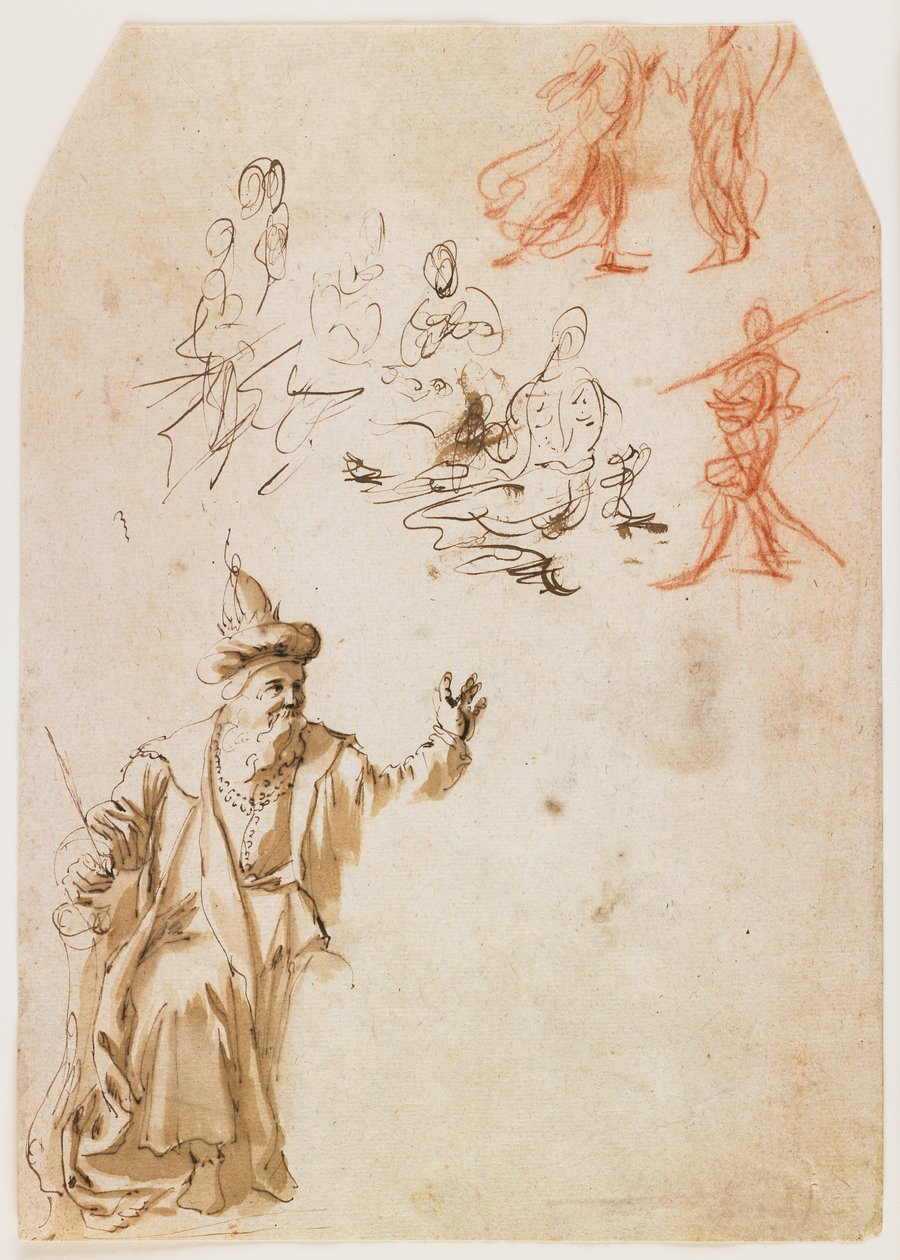 Estudo de um profeta do Antigo Testamento e outros estudos da figura (reto); Estudo de uma figura masculina com uma corda (verso) (caneta e tinta marrom e lavagem, giz vermelho e preto) de Netherlandish School