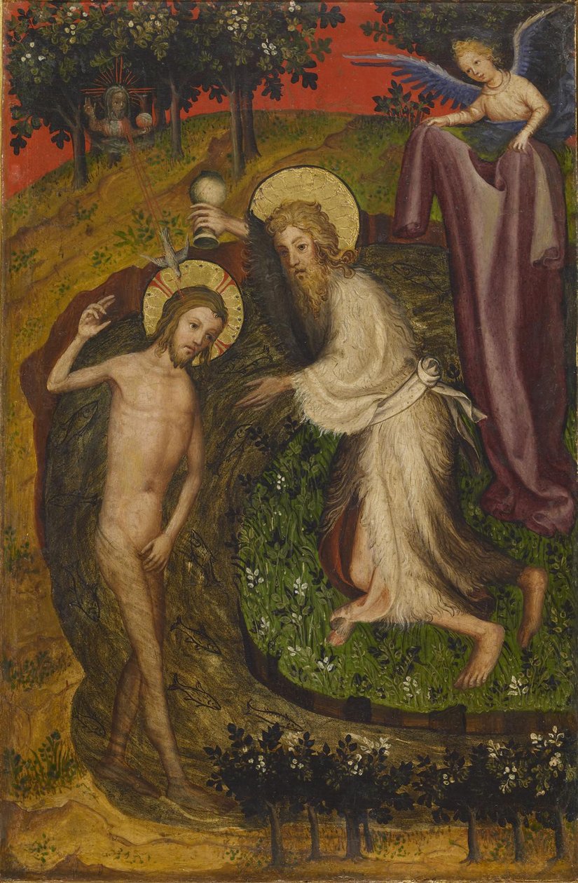O batismo, de um retábulo dobrável, c.1400 (tempera e folha de ouro no painel) de Netherlandish School