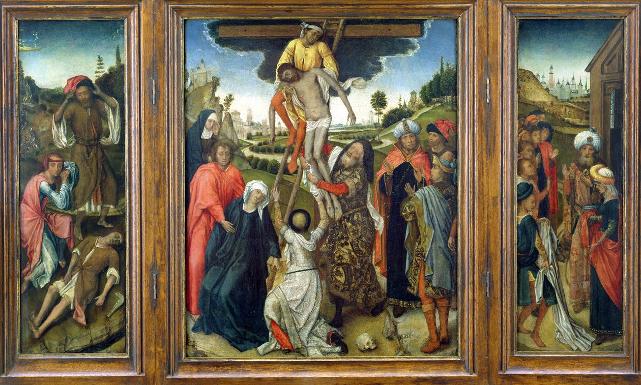 A Deposição, ladeada por (L) Adão e Eva Mourning Abel e (R) Josephs Coat Mostrado a Jacob, tríptico, c.1470 (painel) de Netherlandish School
