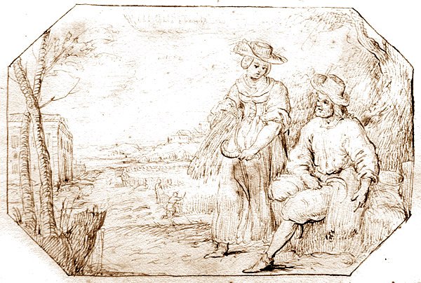 O Four Seasons: Verão - Colheita, c.1675 (caneta e tinta sépia sobre papel) de Netherlandish School